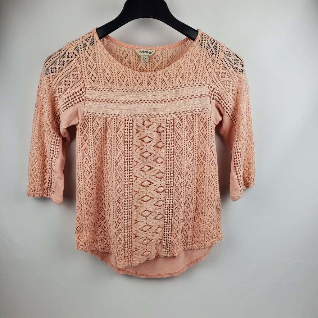Lucky Brand Women Blouse Tunic Top 3/4 Sleeve Lace Crochet Pullover Pink Size Xs